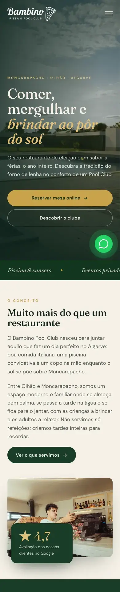 Site Bambino Pool Club visto num telemóvel