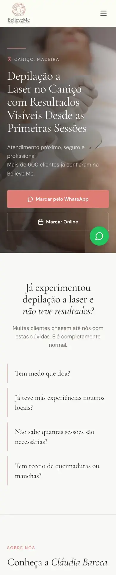 Site Believe Me visto num telemóvel